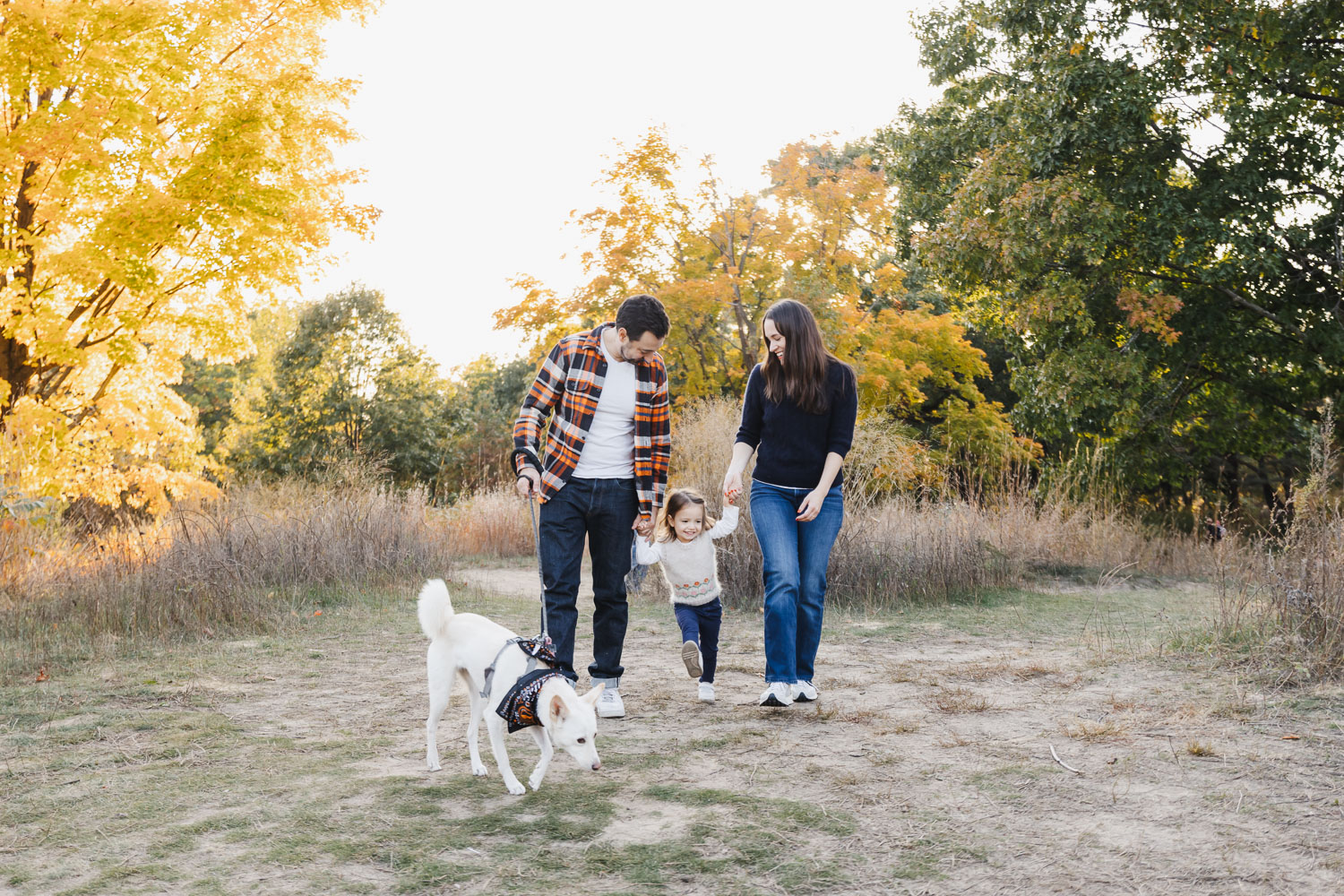 Casually dressed family with toddler daughter playfully skipping while pet dog sniffs the ground.