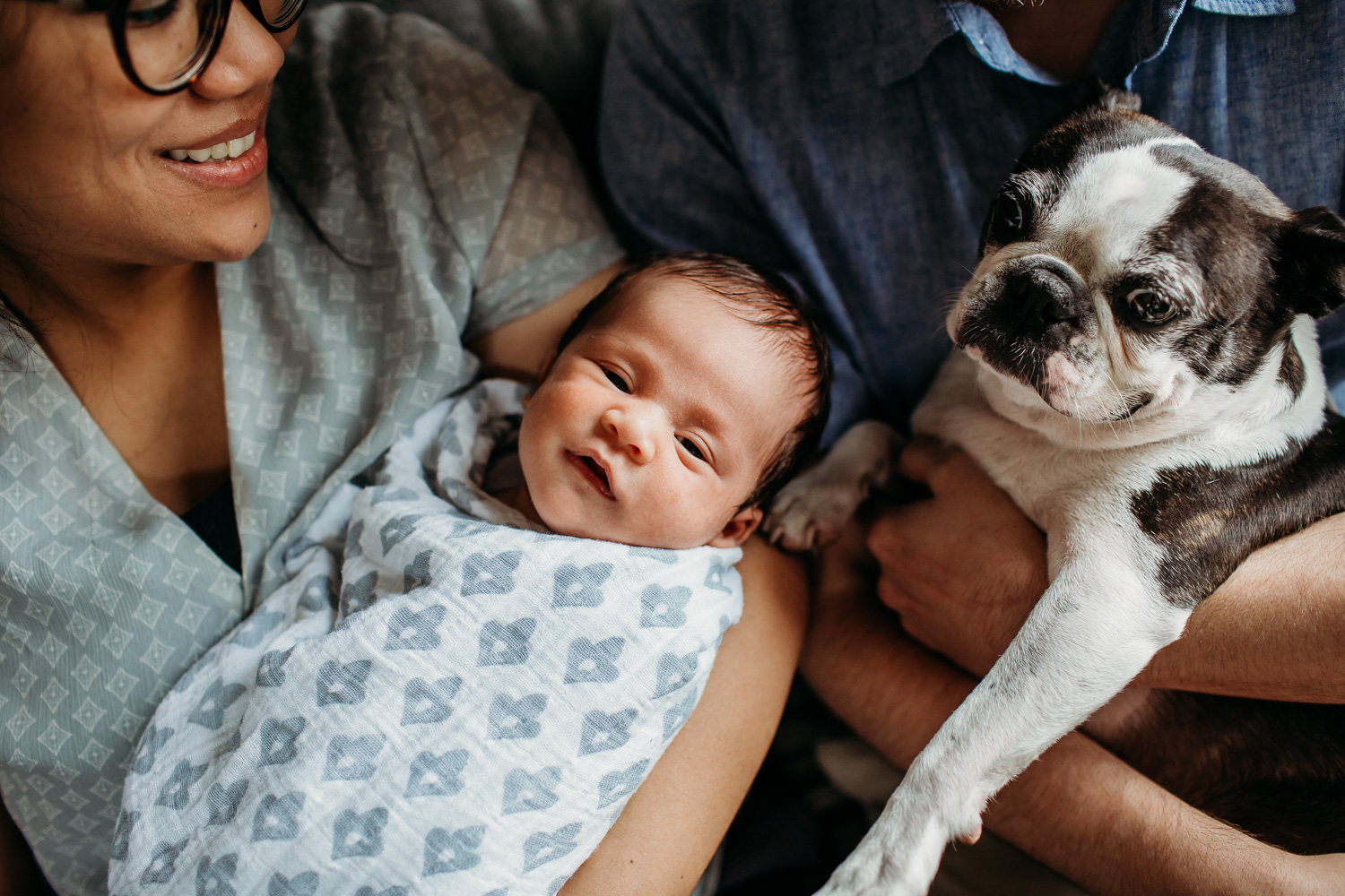 Toronto newborn family portrait with smiling newborn and pet dog