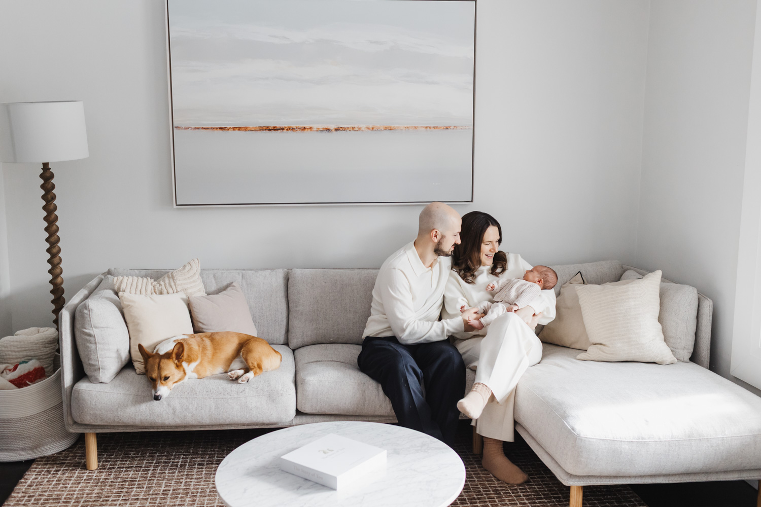 Family newborn session at home in Toronto with pet dog