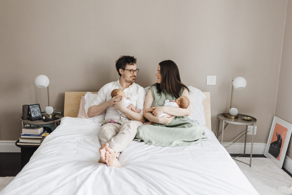 Twin newborn session captured in a relaxed setting in Toronto home